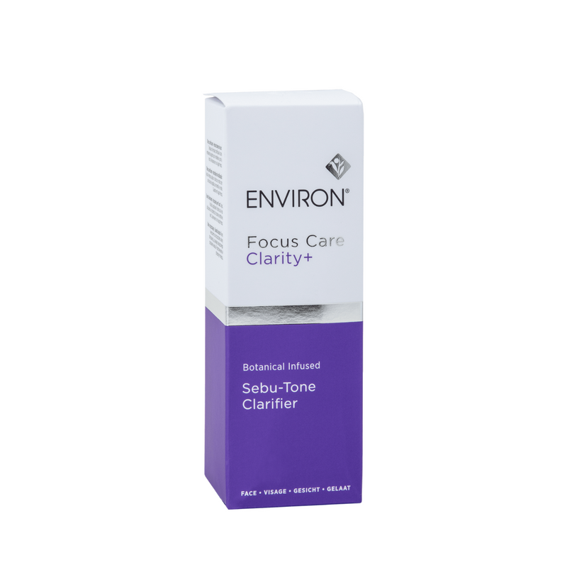 Environ Botanical Infused Sebu-Tone Clarifier bottle with botanical ingredients and clear liquid in a sleek container.