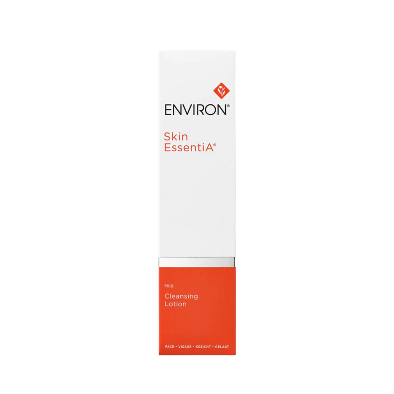 Environ Mild Cleansing Lotion bottle with a clear liquid and white cap, positioned on a clean background.