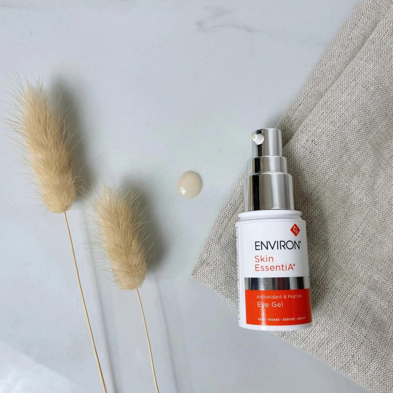 Environ Antioxidant & Peptide Eye Gel jar with white and green packaging, featuring a silver lid and product label.