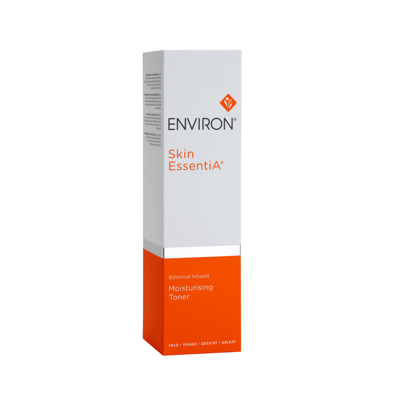 Environ Botanical Infused Moisturising Toner in a clear bottle with a light-colored liquid and botanical ingredients visible inside