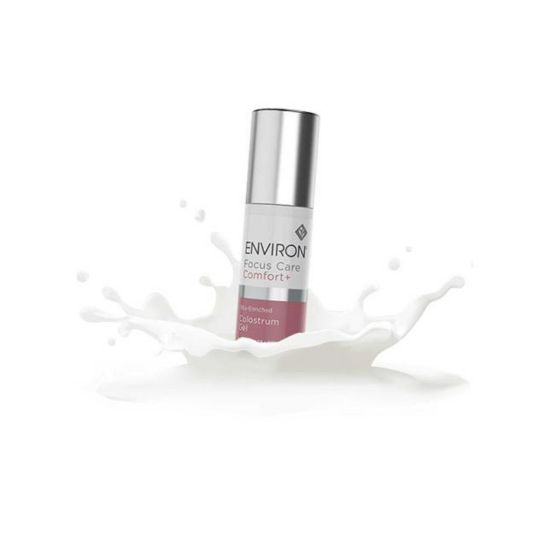 Environ Vita-Enriched Colostrum Gel in a clear tube, with white gel visible, designed for skincare and skin nourishment.