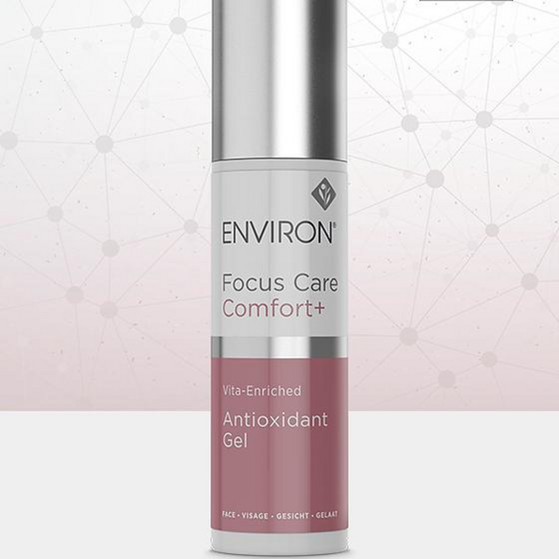 Environ Vita-Enriched Antioxidant Gel in a clear jar with a white lid, showcasing its smooth gel texture and bright packaging.