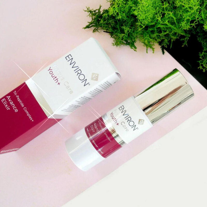 Environ Tri-Peptide Complex+ Avance DFP312® Elixir bottle with label and dropper cap, skin care product for anti-aging.
