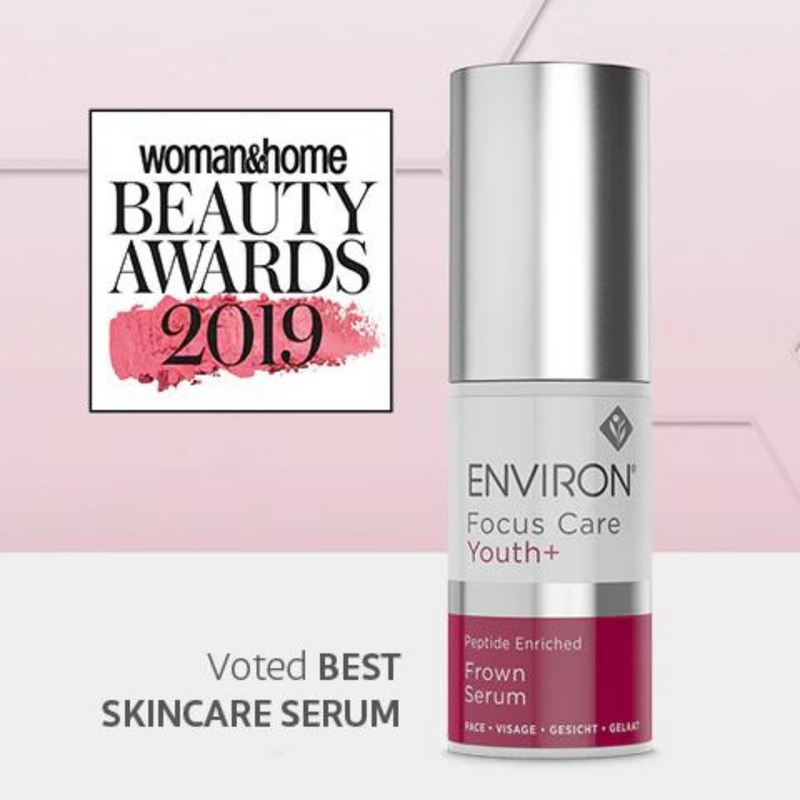 Environ Peptide Enriched Frown Serum in a sleek pump bottle, designed to reduce the appearance of frown lines and wrinkles.