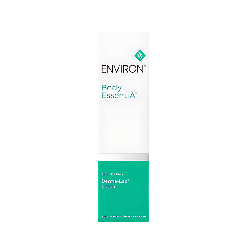 Environ Alpha Hydroxy Derma-Lac Lotion bottle with label, clear liquid inside, and pump dispenser for skin exfoliation and renewal.