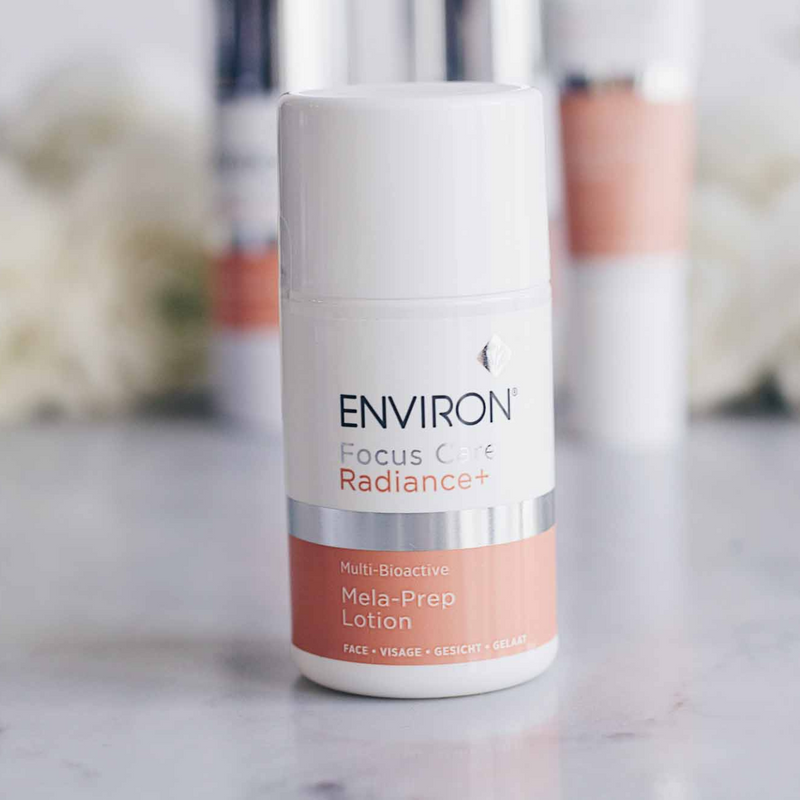 Environ Multi-Bioactive Mela-Prep Lotion bottle with pump dispenser, skincare product for brightening and skin tone correction.