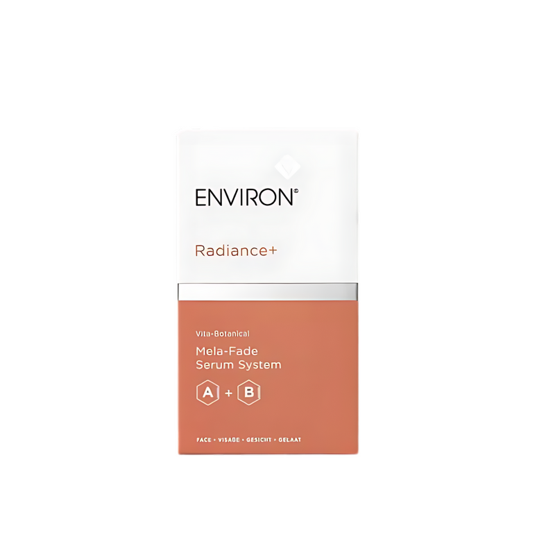 Environ Vita-Botanical Mela-Fade Serum System A+B bottles with labels, skincare product for pigmentation correction.