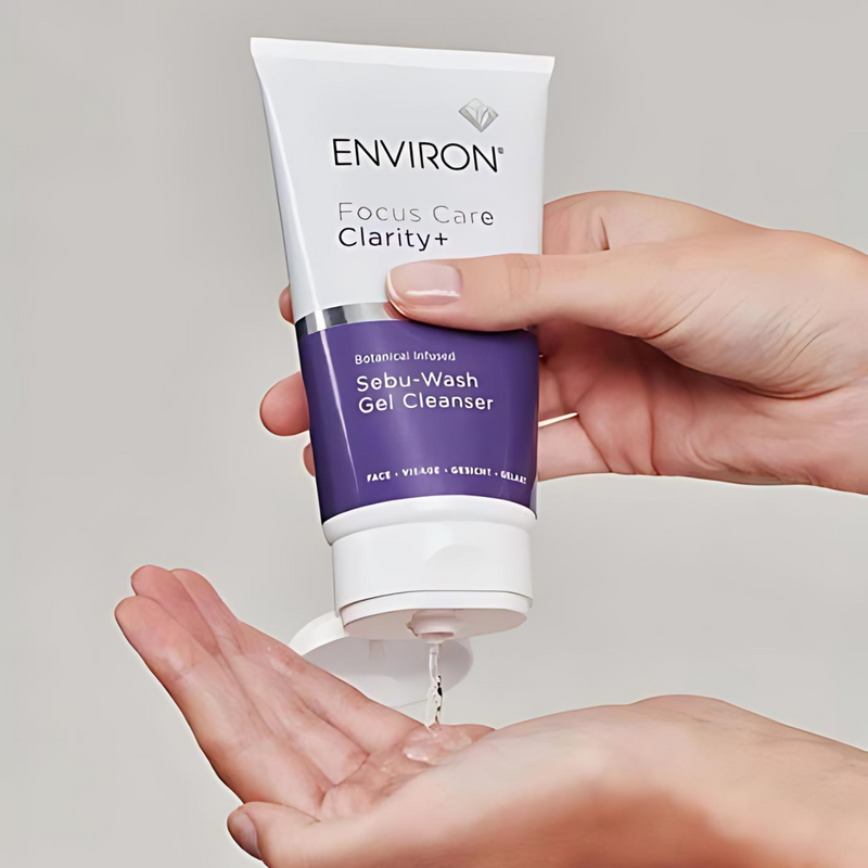 Environ Botanical Infused Sebu-Wash Gel Cleanser in a clear pump bottle, featuring a botanical label and gel texture.