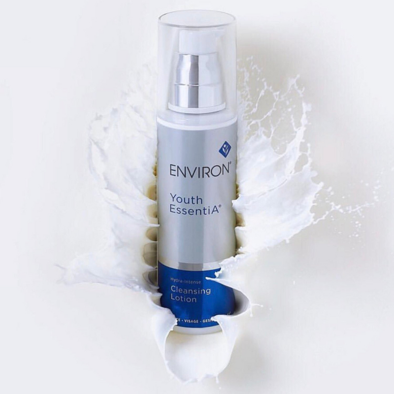 Environ Hydra-Intense Cleansing Lotion bottle with pump dispenser, moisturizing skincare product on a white background.