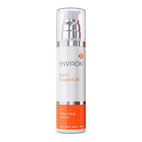 Environ Mild Cleansing Lotion in a 200ml bottle, gentle facial cleanser with a clear liquid texture and white cap.