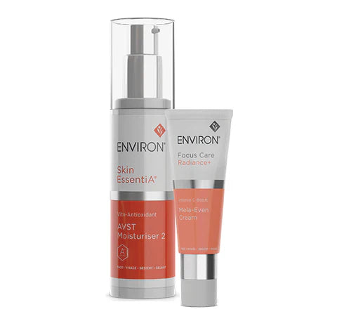 Environ SE Kit #2 includes Intense C-Boost Mela-Even Cream, featuring skincare products for brightening and skin tone improvement.