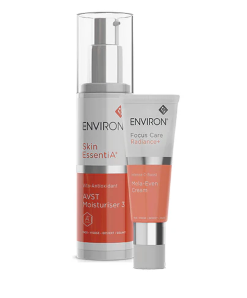 Environ SE Kit #3 featuring Intense C-Boost, Mela-Even Cream, and skincare products in a sleek kit for radiant skin.