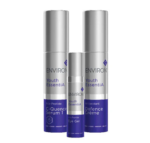 Environ YE Kit #1 with antioxidant defence crème and Vita-Peptide eye gel, featuring skincare products in white and blue packaging