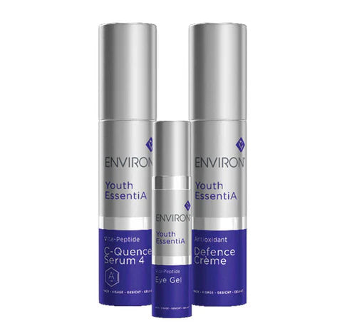 Environ YE Kit #4 with Antioxidant Defence Crème and Vita-Peptide Eye Gel, skincare products in white jars and tubes.